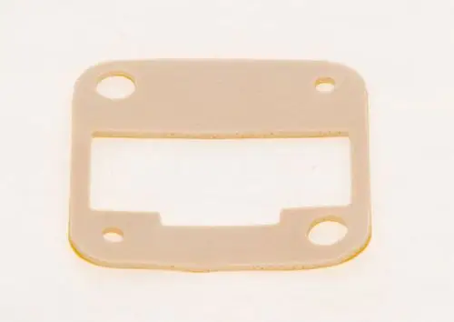 Dichtung von Bosch, rechteckige Form mit zwei runden Löchern und einer rechteckigen Aussparung in der Mitte. Beige Farbgebung und glatte Oberfläche.